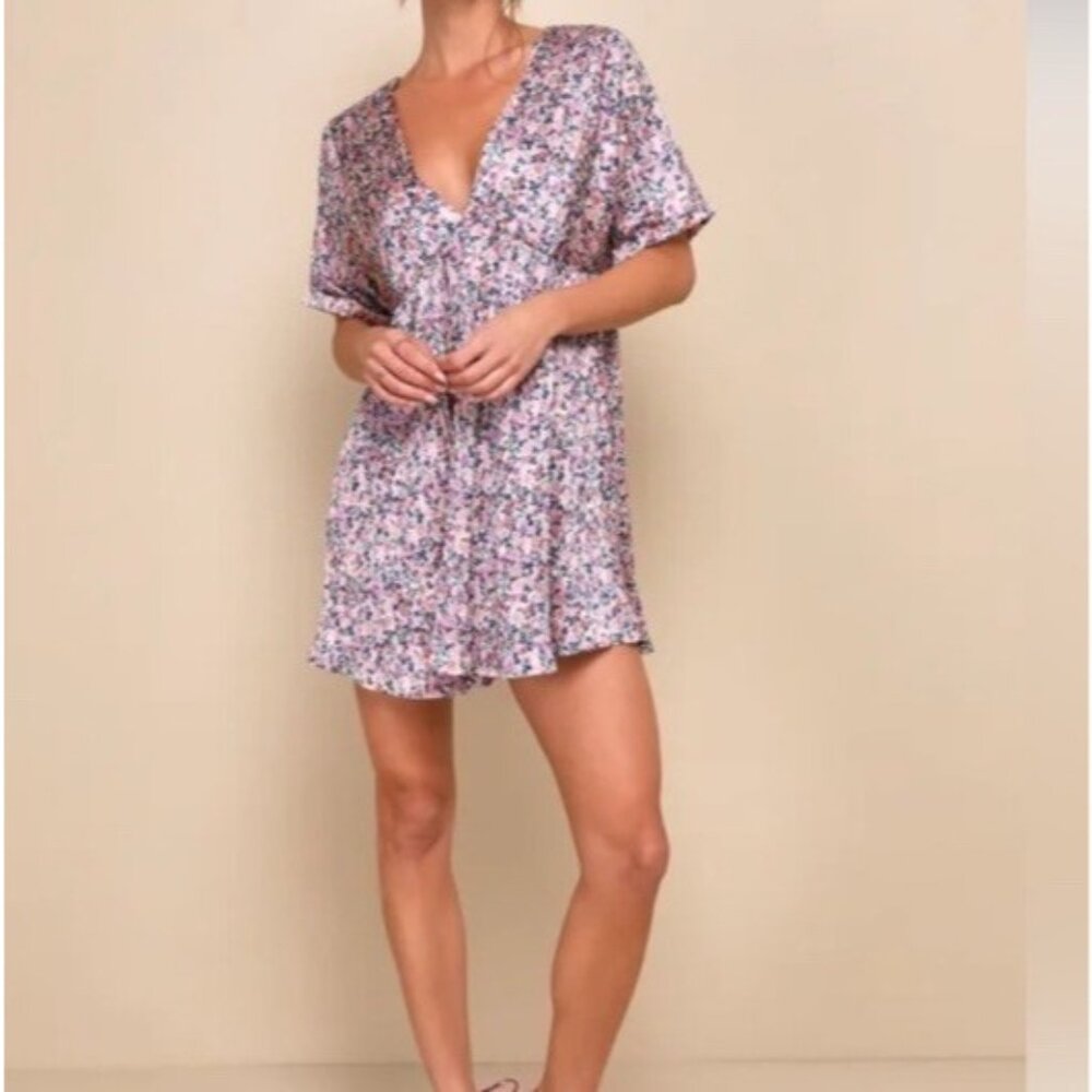 Lulus Womens Dress Floral Purple Pink‎ White Tie Back Accordian V-neck XL NEWT - Picture 8 of 16